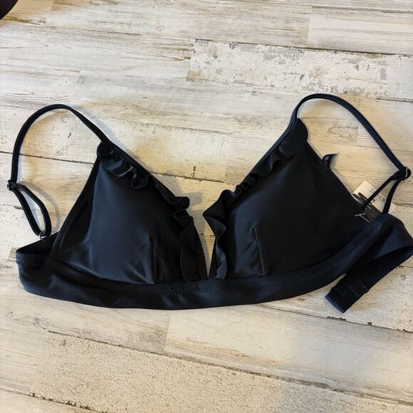 NWT J. Crew Size XS Ruffle French Bikini Top Black Spaghetti Strap Triangle Swim - Picture 5 of 12